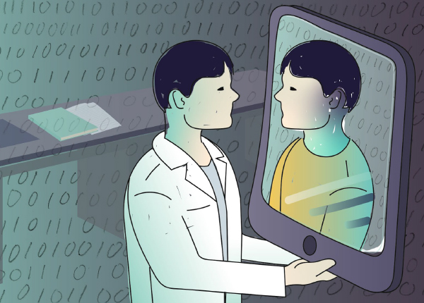 illustration from "Their Lives in Their Hands" in Nature Biotechnology of a doctor looking at themselves on a mobile device