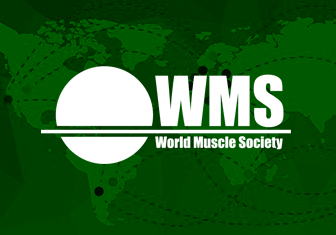 white logo for WMS World Muscle Society on green world map